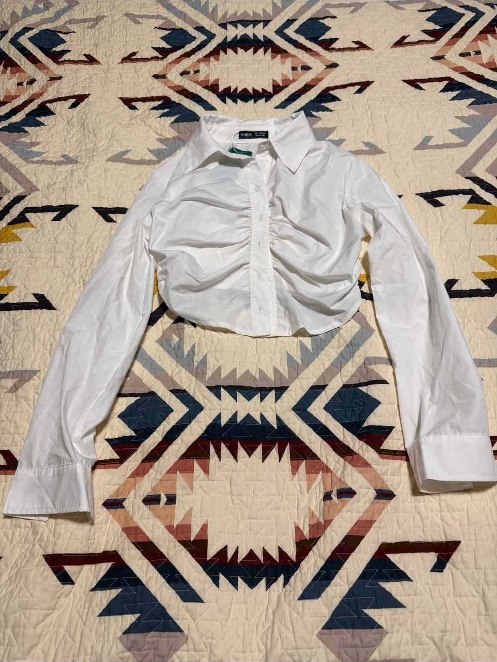 SHEIN White Ruched Cropped Button-Down Shirt